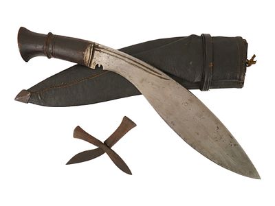 ANTIQUE NEPALI KHUKURI KNIFE W TWO SMALL KNIVES SIGNED. An antique Khukuri or Kukri, type of 