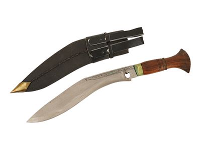 NEPALESE KUKRI KNIFE WITH WOOD HILT LEATHER SCABBARD. A traditional Nepalese kukri featuring a 