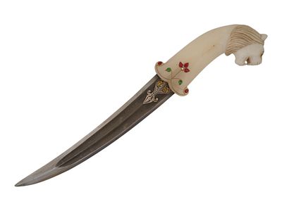 MUGHAL STYLE INDIAN DAMASCUS KHANJAR DAGGER W KOFTGARI. A Mughal style Indian Damascus steel 