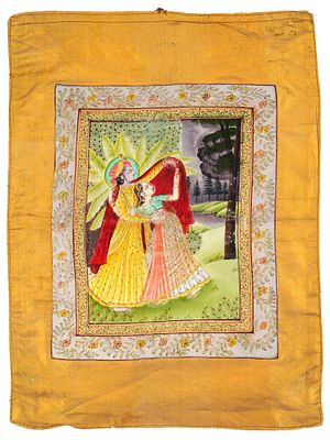 INDIAN MUGHAL MANNER MIXED MEDIA PAINTING ON SILK. A miniature Indian Mughal Art manner mixed 