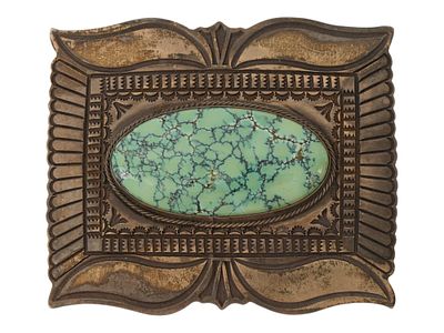 ПРЯЖКА ДЛЯ РЕМНЯ ИЗ СТЕРЛИНГОВОГО СЕРЕБРА И БИРЮЗЫ, МАРКИРОВАННАЯ. Пряжка для ремня из 