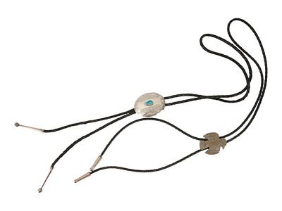 VINTAGE AMERICAN OLD PAWN STERLING SILVER BOLO TIES. A set of two vintage American Old Pawn 