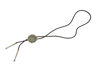 OLD PAWN STERLING SILVER AND TURQUOISE BOLO TIE. A vintage sterling silver and leather cord bolo 