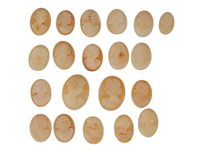 LOT OF FEMALE PORTRAIT CARVED SHELL CAMEOS. A lot of 20 hand carved conch shell cameos. Each 