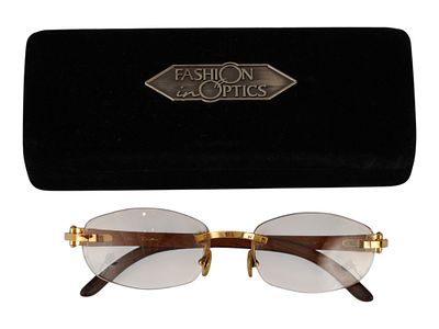 CARTIER RIMLESS GOLD FINISH AND WOOD EYEGLASSES W CASE. Cartier rimless eyeglasses featuring a 
