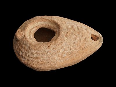 ANCIENT JUDAICA MENORAH TERRACOTTA OIL LAMP 300 400 AD. An ancient Roman Holy Land Judaica 