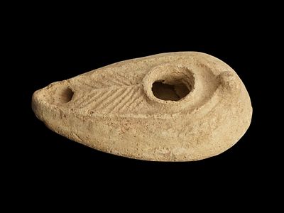 ANCIENT JUDAICA MENORAH TREE OF LIFE MOTIF OIL LAMP. An ancient Roman Holy Land Judaica 