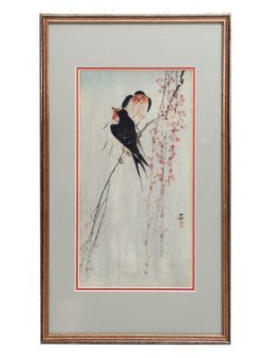 A VINTAGE WOODBLOCK PRINT BY OHARA KOSON. A vintage framed woodblock print depicting two 