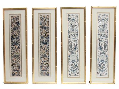 FOUR FRAMED CHINESE FORBIDDEN STITCH PANELS. Four antique Chinese framed silk panels decorated 