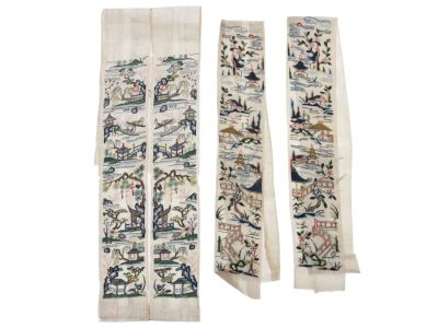 FOUR ANTIQUE CHINESE SLEEVE PANELS 19TH C. Four antique Chinese sleeve panels embroidered with 