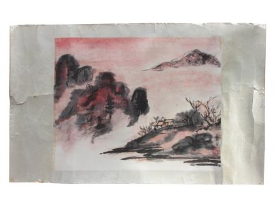 A VINTAGE CHINESE WATERCOLOR LANDSCAPE. A vintage Chinese landscape, painted in watercolor and 
