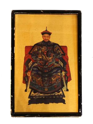A VINTAGE FRAMED PRINT WITH CHINESE NOBLEMAN. Framed Chinese ancestor portrait. Color print on 