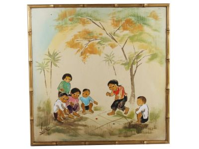 A VINTAGE CHINESE OIL ON CANVAS SIGNED BY LOU. Oil on canvas painting depicting a group of 