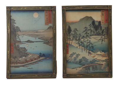 A PAIR OF ANTIQUE JAPANESE WOODBLOCK BY HIROSHIGE. A pair of authentic 19th century Japanese 