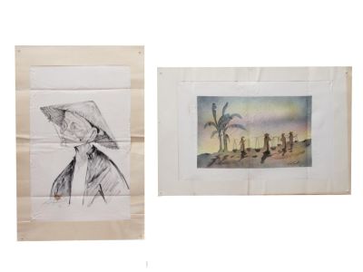 A LOT OF PENCIL PAINTING ON PAPER AND LITHOGRAPH. A lot of two artwork of one artist. A pencil 
