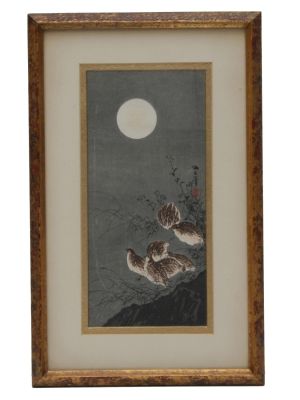 AN AOKI SEIKO JAPANESE BIRDS IN THE MOONLIGHT. A gorgeous rare Japanese Asian woodblock print 