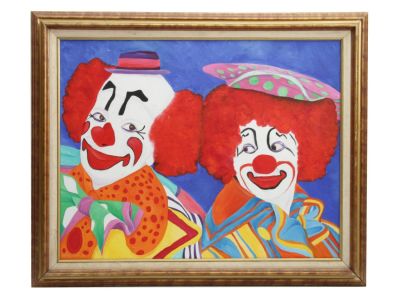 AN OIL PAINTING ON CANVAS CLOWNS BY ALAN LEVINE. An Alan Levine (American artist, born 1937) oil 