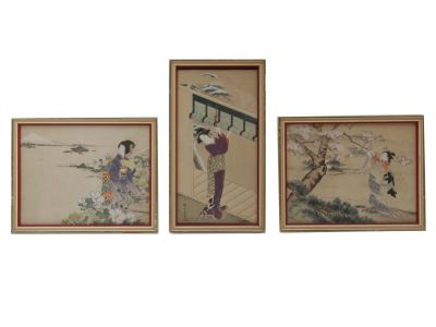AN ANTIQUE JAPANESE TRIPTYCH OF INK PAINTINGS. An antique Japanese ink paintings on rice paper 