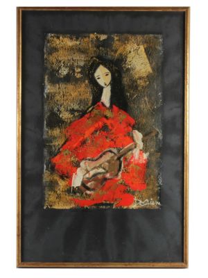 AN OIL PAINTING ON PAPER BY DELPIENE. An oil painting on paper depicting young woman in red 