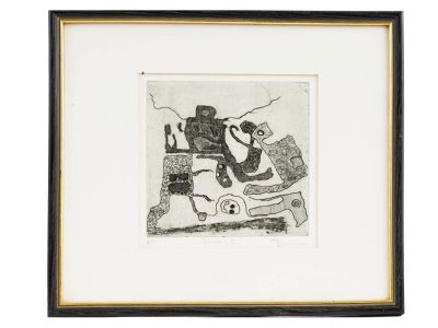 MID CENTURY ABSTRACT ETCHING ATTR TO RUFINO TAMAYO. A mid century abstract etching print titled 
