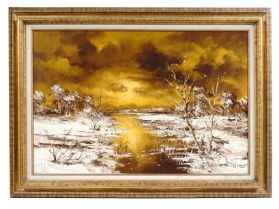 MID CENTURY AMERICAN LANDSCAPE PAINTING SIGNED J. SMITH. A mid century American oil on canvas 