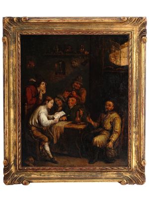 ANTIQUE DUTCH OIL ON TIN PAINTING TAVERN SCENE. An antique late 19th century oil on tin painting 