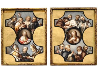 ANTIQUE 18TH C EUROPEAN CATHOLIC MINIATURE PAINTINGS. A pair of antique 18th-century Italian 