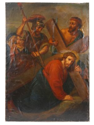 18TH CONTINENTAL OIL PAINTING CHRIST CARRYING THE CROSS. A late 18th century oil on canvas 