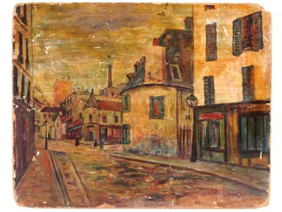 PARIS VIEW OIL PAINTING AFTER MAURICE UTRILLO. An oil painting on cardboard depicting a 