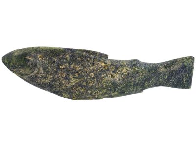 NORTH AMERICAN INUIT CARVED STONE FISH FIGURE. A Vintage North American Inuit carved green 