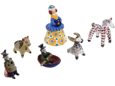 RUSSIAN FOLK CRAFT DYMKOVO CLAY TOYS AND WHISTLE. A lot of early to mid 20th-century Russian 