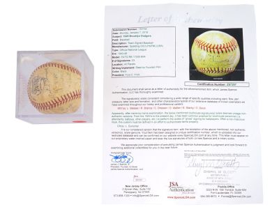 1945 BROOKLYN DODGERS BASEBALL WITH AUTOGRAPHS. A baseball ball signed by the members of the 