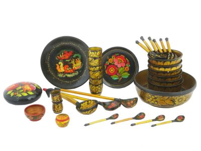 LARGE COLLECTION RUSSIAN WOODEN KHOKHLOMA ITEMS. A large collection of Russian wooden lacquered 