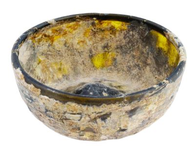 RARE ANCIENT ROMAN EMPIRE IRIDESCENT GLASS BOWL. An ancient Roman Empire iridescent green to 