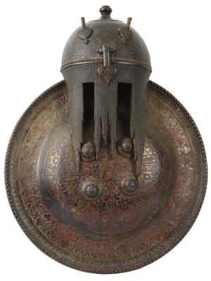 ANTIQUE PERSIAN STYLE SHIELD AND HELMET WALL LAMP. An antique Persian Qajar style kulah khud 