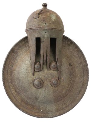 ANTIQUE PERSIAN STYLE SHIELD AND HELMET WALL LAMP. An antique Persian Qajar style kulah khud 