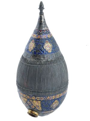 ANTIQUE PERSIAN QAJAR GILT SILVER HOOKAH BASE. An antique Persian Qajar gilt silver and gold 