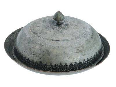 ANTIQUE PERSIAN QAJAR SILVER PLATED FOOD TRAY W COVER. An antique Persian Qajar silver plated 