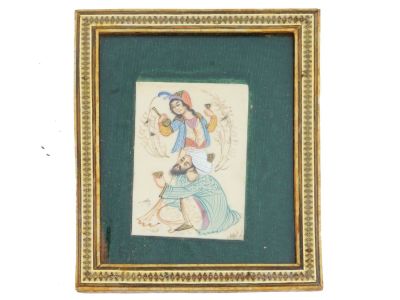 ANTIQUE PERSIAN SAFAVID PAINTING IN MARQUETRY FRAME. A miniature antique Persian mixed media 