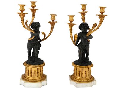 ANTIQUE 19TH C FRENCH BRONZE MARBLE CANDLE HOLDERS. A pair of antique French figural candelabra 