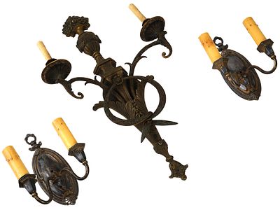 ANTIQUE EARLY 20TH C BRONZE WALL SCONCES. A lot of early 20th-century patinated bronze two-light 