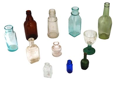 VINTAGE GROUP OF MINIATURE BOTTLES AND WINE GLASS. A vintage collection of miniature bottles of 