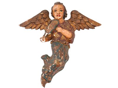 ANTIQUE EUROPEAN HAND CRAFTED WOODEN ANGEL FIGURE. An antique European School hand crafted 