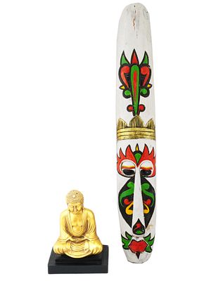 BUDDHA FIGURINE AND INDONESIAN WOODEN WALL MASK. A lot of two vintage items, a souvenir figurine 