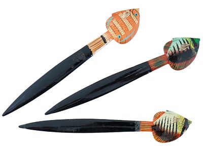 VINTAGE HAND PAINTED WOOD FISH LETTER OPENER. A set of three vintage hand-carved and painted 