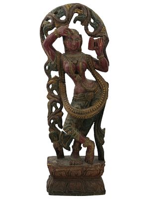ANTIQUE INDIAN KHAJURAHO CARVED WOOD NYMPH SCULPTURE. An antique Indian carved wood sculpture 
