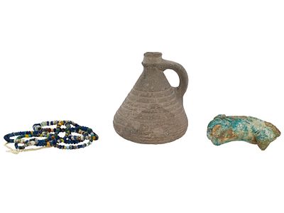 ANCIENT ROMAN BYZANTINE POTTERY AND GLASS ITEMS. A lot of three ancient Roman and Byzantine 