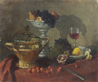 Танклевский Л.З. (1906 - 1984 гг.) - Натюрморт с фруктами и вазой в плетеной корзине. СССР, 1947 