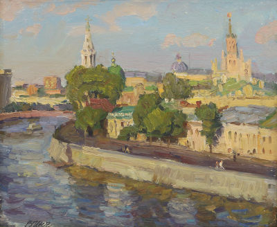Инчин В.И. (1950 г.р.) - Москва. Софийская набережная. СССР, 1969 год. Картон, масло. 27,8 Х 33 см. 