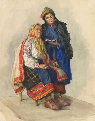 Филиппова М.В. (1925 г.р.) - Двойной портрет в национальных костюмах. СССР, 1959 год. Бумага 